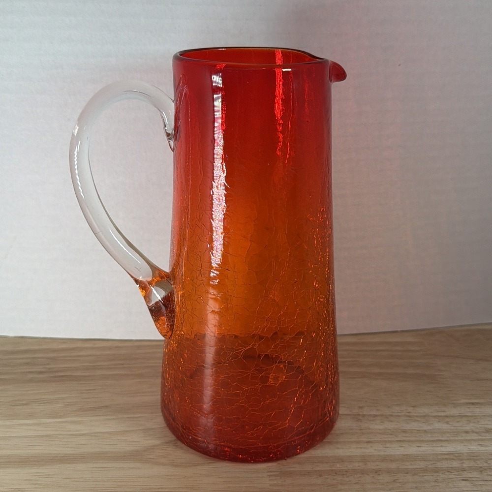 Vintage Pilgrim? Orange Crackle Glass Pitcher 7" Tall Amberina GLOWS!
